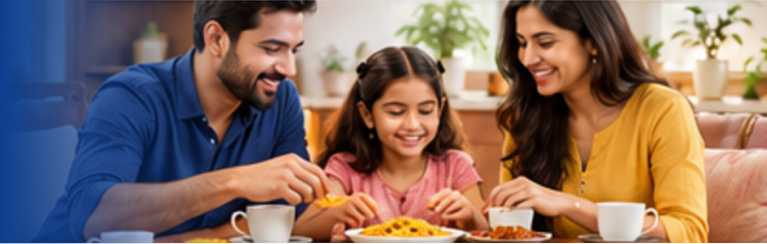 Happy Indian family enjoying Mehta Namkeen at tea-time
